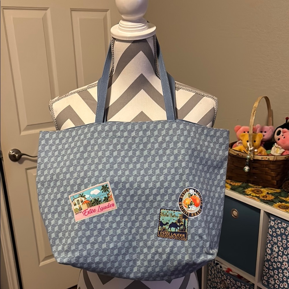 Estee Lauder Blue Tote with Patch Accents